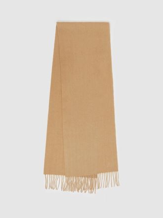 Reiss Picton Soft Camel and Cashmere Scarf Wool Logo Embroidered, Brown, Size: 180x31cm