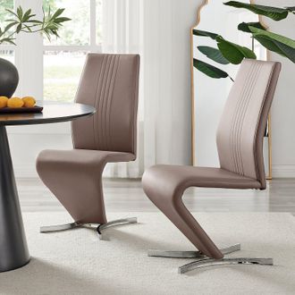 Furniturebox Set of 2 Willow Contemporary Z Shaped Faux Leather Dining Chairs With Silver Chrome Metal Legs in Beige