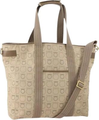 Ferragamo Pre-owned Tote Bags, female, Beige, Size: ONE SIZE Pre-owned Canvas Shoulder Tote Bag
