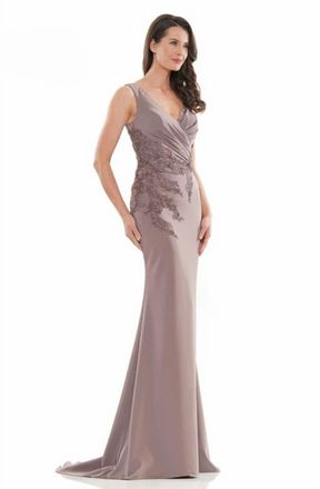 Colors Dress Wrapped V-Neck Applique Gown In Mink