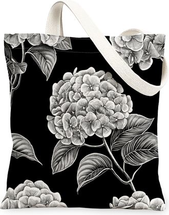 Generic Spring Hydrangea Flower Canvas Tote Bag for Shopping 13x15, Black Floral Wildflower Reusable Grocery Print Bag for Women, Aesthetic Retro Beach Aesthe