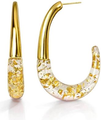 Gold & Honey Womens J Hoop Earrings In Clear Gold Leaf