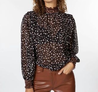 Esqualo Selena Smocked Animal Steps Long Sleeve Blouse In Brown, Black, Brown