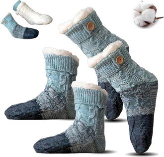 Generic Knitted Ultra-Thick Slipper Home Socks, Tri-color Knit Patchwork Non-Slip Warm Winter Socks, Cozy Fuzzy Lined for Men Women (1, Blue)