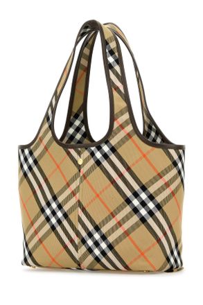 Burberry Womens Embroidered Canvas Small Check Shopping Bag Sand Borse A Mano
