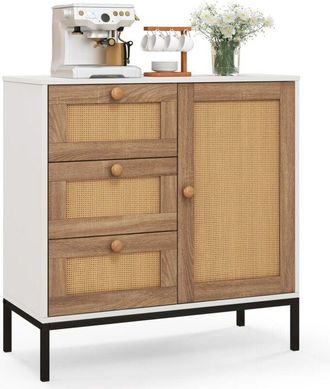 Costway Rattan Buffet Cabinet Storage Sideboard Bar Accent Cabinet 1 Door and 3 Drawers