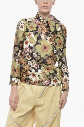 Celine Silk-Organza Tie-Neck Blouse With Floral Pattern size 38
