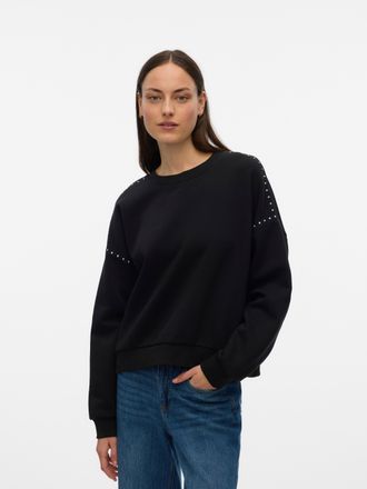 Vero Moda Langarmshirt VERO MODA VMLOTTE TRINA LS SWEAT BOX GA BF, Damen, Gr. XL, schwarz detail:shoulder studs, Jersey, Obermaterial: 52% Baumwolle, 48% Polyes