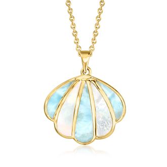 Ross-Simons Mother-Of-Pearl and Larimar Seashell Pendant Necklace in 18kt Gold Over Sterling