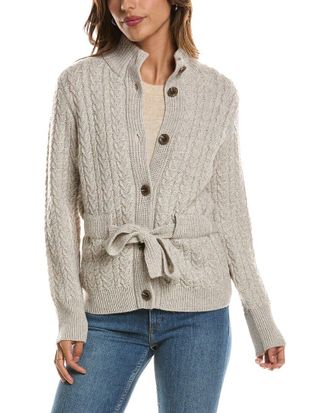 Fort&eacute; Cashmere Military Cable Wool & Cashmere-Blend Cardigan