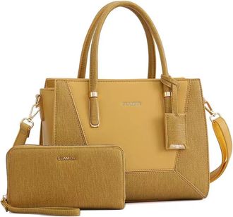 Generic Womens Handbag with Matching Wallet Set, Mustard Yellow, Textured Panel Design, Shoulder Bag with Crossbody Strap