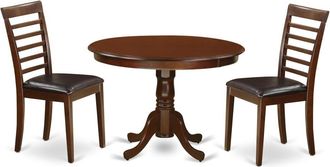 East West Furniture 3 Pc set with a Round Dinette Table and 2 Leather Dinette Chairs in Mahogany