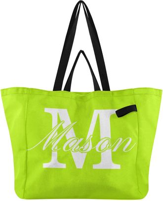 Generic Custom Neon Green print Reusable Canvas Tote Bag, Heavy Duty Grocery Shopping Bag with Double Handles Hard Bottom Large Capacity Work Groceries Travel