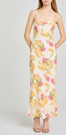 Wayf Calypso Fruit Print Lace Trim Midi Dress in Cream Bananas at Nordstrom, Size X-Small