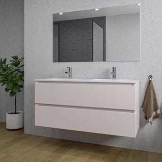 Saniclass Chaci Badkamermeubelset - 120x46x55cm - keramische wastafel wit - 2 wasbakken - 2 kraangaten - 2 lades - rechthoekige spiegel - mat cotton (beige)