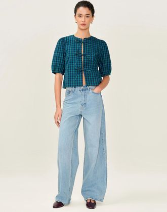 Omnes Womens Apollo Blouse in Blue and Green Check - Size: 18