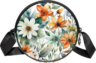 Generic Circle Crossbody Bag for Women, Floral Leaves Small Sling Bag Daypack with Zipper Adjustable Shoulder Straps Casual Ladies Girls Round Purse