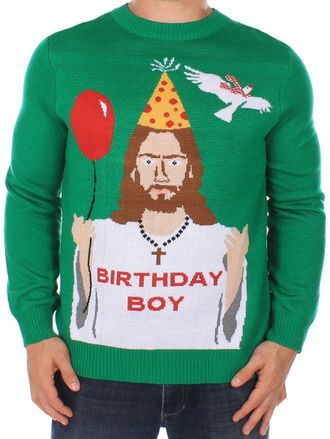 Tipsy Elves Mens Christmas Jumper - The Happy Birthday Jesus Jumper Size L Green