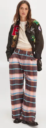 Free People Buckle Back Plaid Bold Trousers In Brown Combo