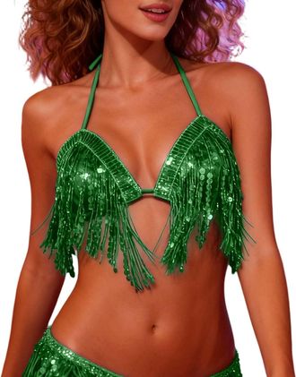 Generic Sequined Tassel Bikini Top for Women, Party Stage Performance Costume, Belly Dance & Prom Sparkly Design Ladies Dancewear Tops UK