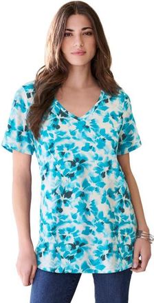 Roaman's Plus Size Cotton Ultimate V Neck Tee in Deep Turq Tie Dye Floral at Nordstrom, Size Medium