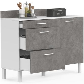 IDMarket 120 Cm Aparador Bajo Cocina Cina Encimera Cacerola H.83 Cm 1 Puerta + 3 Cajones Blanco Y Efecto Hormig&oacute;n