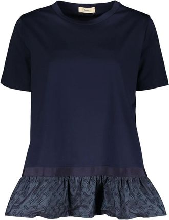 Herno T-Shirts, female, Blue, M, Embroidered Cotton T-shirt with Taffeta Inserts