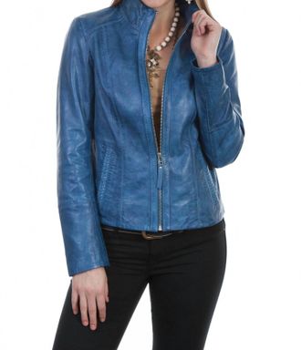 Scully Zip Front Leather Jacket In Denim Blue