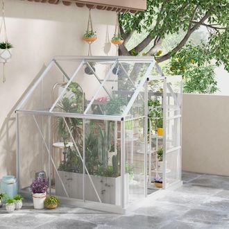 OUTSUNNY 6 x 6ft Polycarbonate Greenhouse with Sliding Door Adjustable Roof Vent Silver