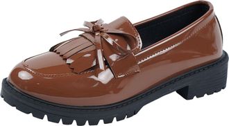 Generic Loafers for Women Chunky Heel Tassel Bow Leather Loafer Fashionable Shallow Mouth Thick Soled Womens Shoes Business Casual Work Shoe (Coffee, 4.5)