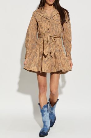 Ganni Dress With A Waist Belt, Womens, Brown