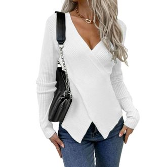 Generic Womens 2025 Fall Cropped Sweater Sexy Twist Front V Neck Long Sleeve Pullover Knit Jumper Tops White Medium