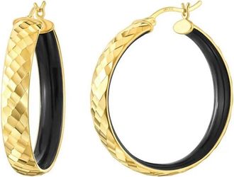 Gold & Honey Womens Enamel Hammered Hoop Earrings In Black
