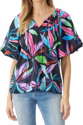 Entro Floral Bubble Sleeve Blouse In Black