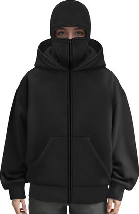 Generic Unisex Hoodies Balaclava Double Hooded Zip Jacket Wind resistant Full Zip Athletic Workout Sweatshirt With Built In Double Jacket Hoodie With Mask Win