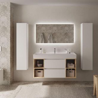 Cygnus Bath Mueble ba&ntilde;o Bequia 120 cm Blanco y 2 coquetas laterales Roble con Lavabo