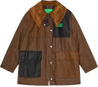 Ganni x Barbour corduroy-collar patchwork coat - women - Fabric - 44 - Brown