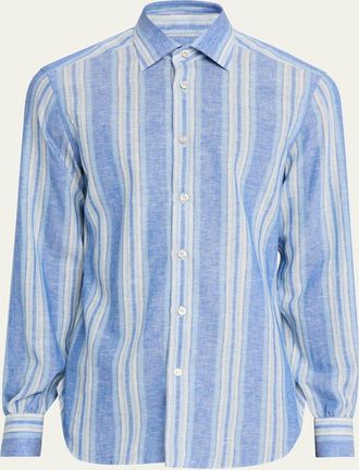 Kiton Mens Linen Blend Wide Stripe Button-Down Shirt