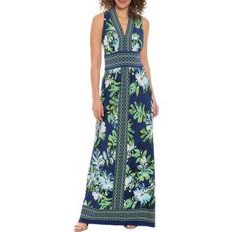 London Times Floral V-Neck Sleeveless Maxi Dress in Navy/Jolly Green at Nordstrom Rack, Size 12