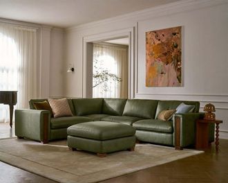 Castlery Tan France Kagan Leather 4-Piece Chaise Sectional Couch with Ottoman, (Lugano) Moss by Castlery