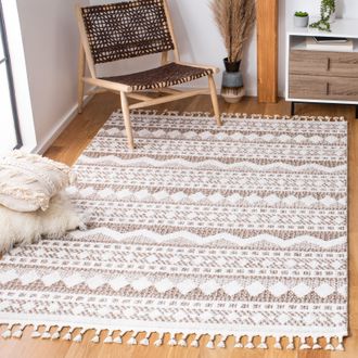 Safavieh Moroccan Tassel Shag Area Rug, Ivory / Beige Bohemian Style Non-Shedding