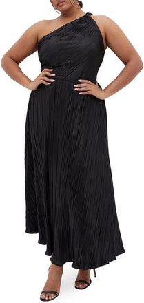 City Chic Kamila Metallic One-Shoulder Maxi Dress in Black at Nordstrom, Size Xxxs
