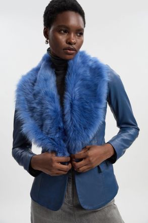 Karen Millen Womens Leather And Shearling Collar Blazer - Blue - Size 10 UK