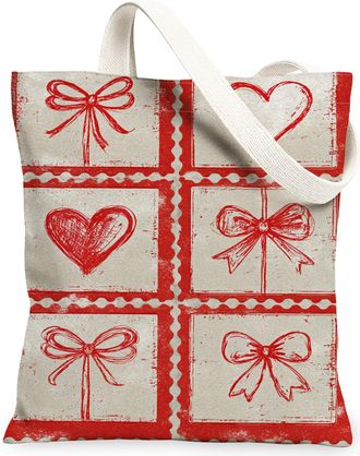 Generic ValentineS Day Heart Canvas Tote Bags, Bow Pattern Reusable Grocery Bags, Rustic Lightweight Washable Shoulder Strap, Red, 13x15 Inch