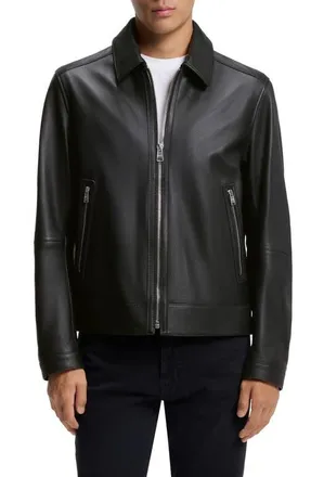 BOSS Mapson Lambskin Leather Jacket in Black at Nordstrom, Size 40 Regular