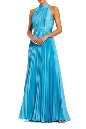 Mac Duggal Pleated Sleeveless Halter Gown in Pool Blue at Nordstrom, Size 16