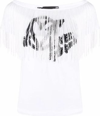 Love Moschino T-shirt Bianca S/barca+franje - Dames - T-shirts - Wit - L - Katoen - Tops