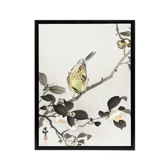 Artery8 Bunting On Blossom Branch Framed Canvas Wall Art Print Ohara Koson in Grey | Size: W24 x H32
