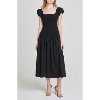 Wayf Cassidy Smock Bodice Midi Sundress in Black at Nordstrom, Size X-Small