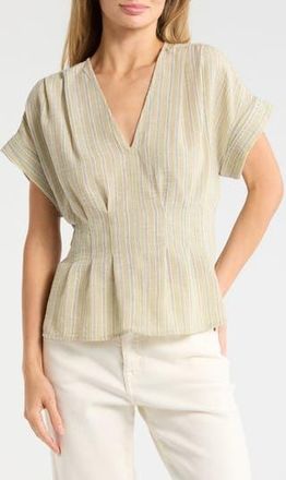 Max Studio Pleated V-Neck Top in Sage Stripe at Nordstrom Rack, Size Large